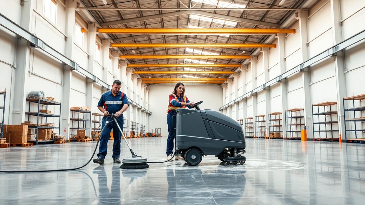Équipe de nettoyage industriel avec autolaveuse dans un grand entrepôt logistique