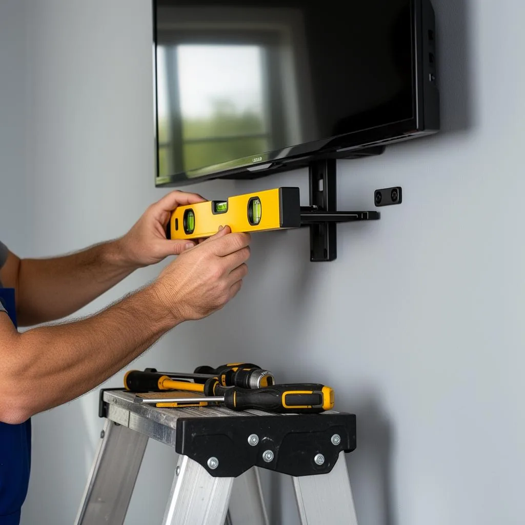 Fixation murale d'un téléviseur avec niveau à bulle et outils modernes