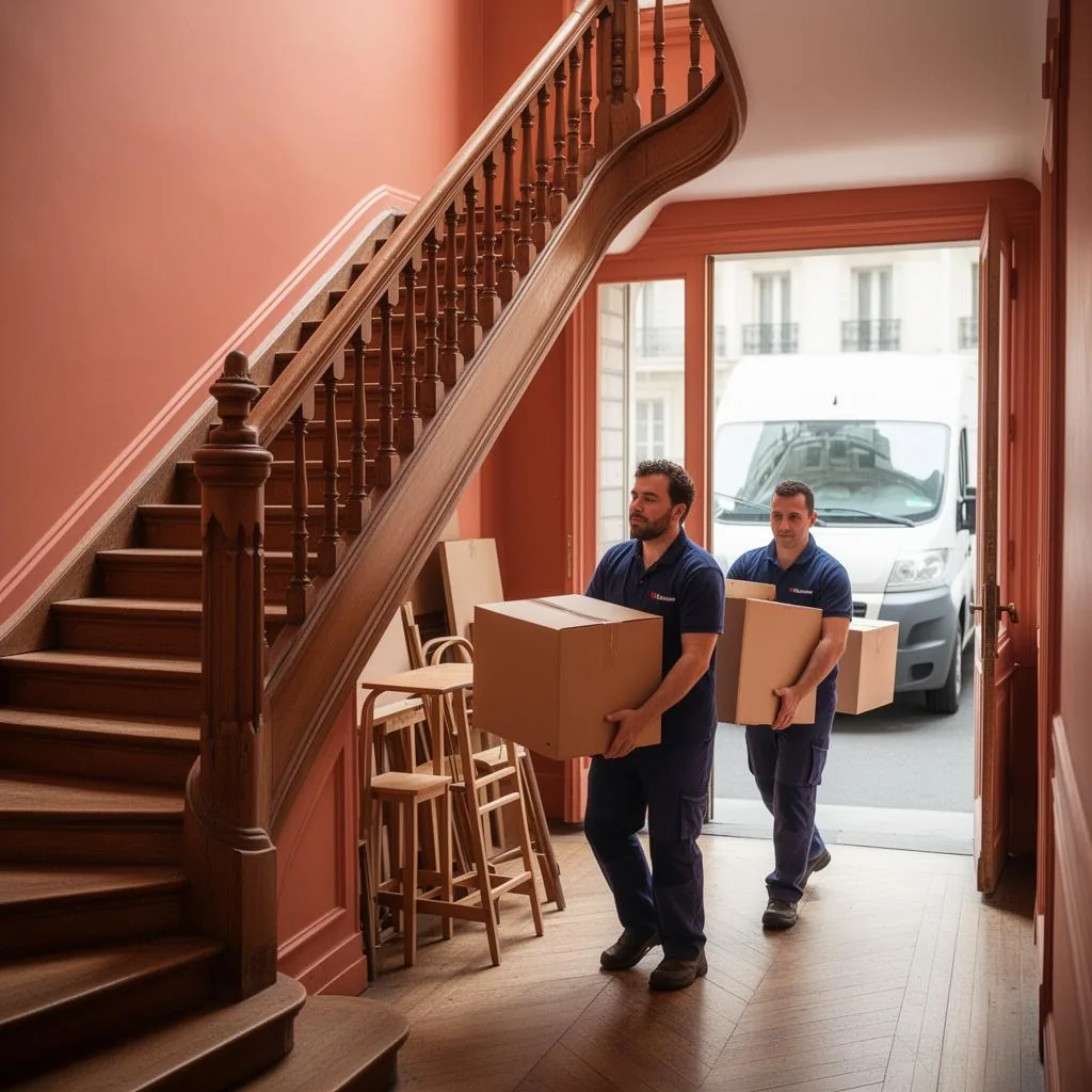Équipe de débarras transportant des cartons depuis un appartement haussmannien