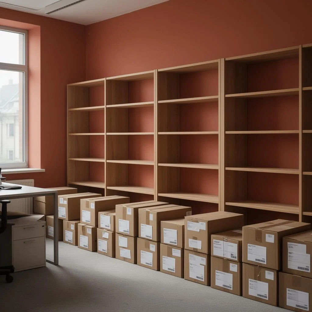 Bureau professionnel après débarras d'archives, cartons triés et étiquetés