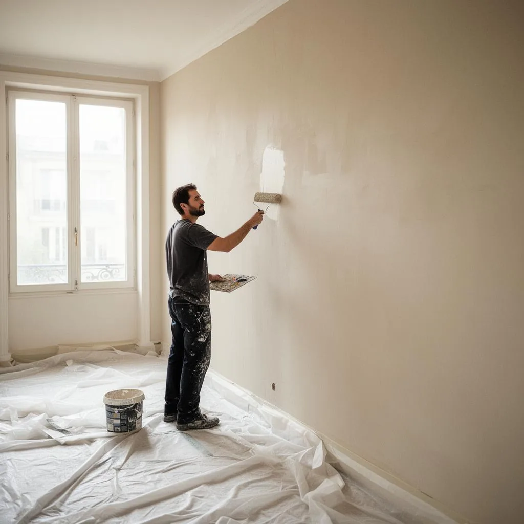 Artisan peintre appliquant un enduit de lissage dans un appartement parisien