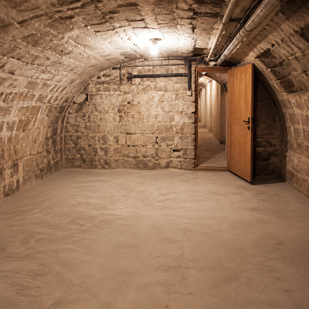 Cave voûtée d'immeuble parisien entièrement vidée et balayée