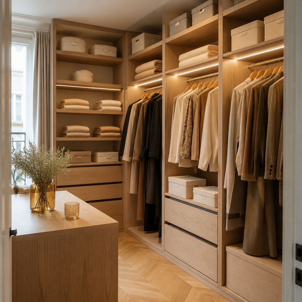 Dressing sur-mesure en chêne clair fraîchement installé dans un appartement parisien
