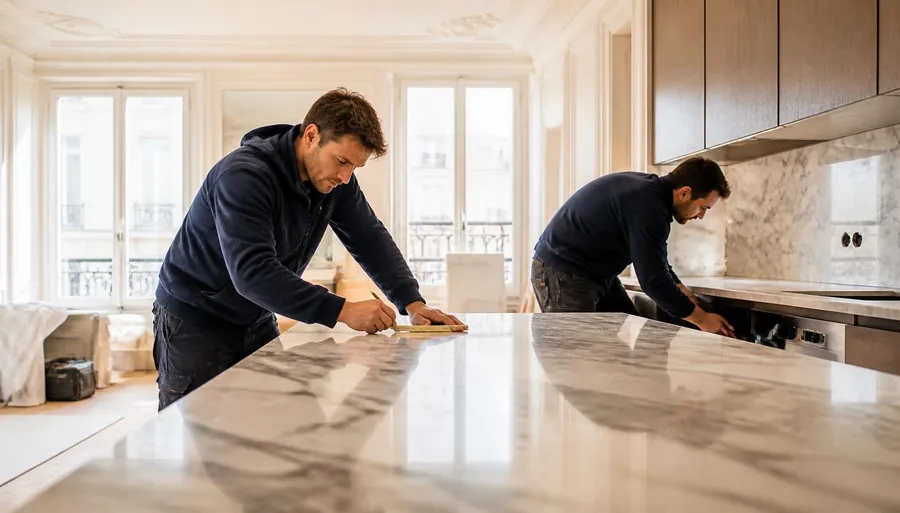 Artisans Tonton Xpert Services posant une cuisine sur mesure dans un appartement parisien